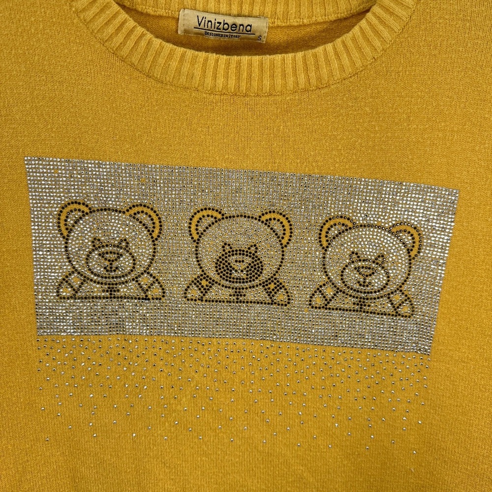 Rhinestone Teddy Bear Sweater Small Mustard Yellow Statement Knit Girlhood‎ Y2K - Picture 4 of 8